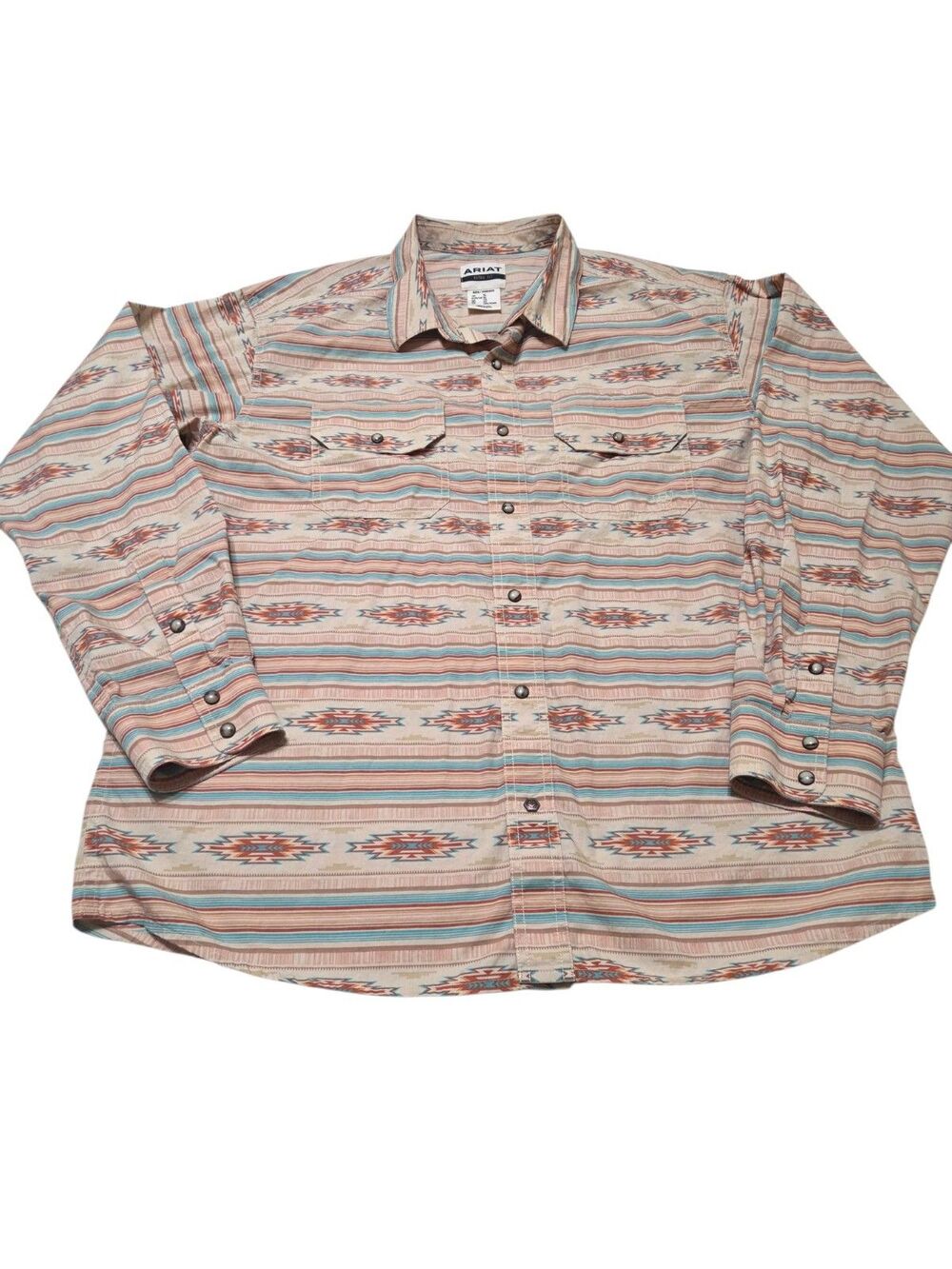 Ariat Hezekiah Retro Snap Long Sleeve Shirt Beige Blue Aztec Print Men's XL K8.1